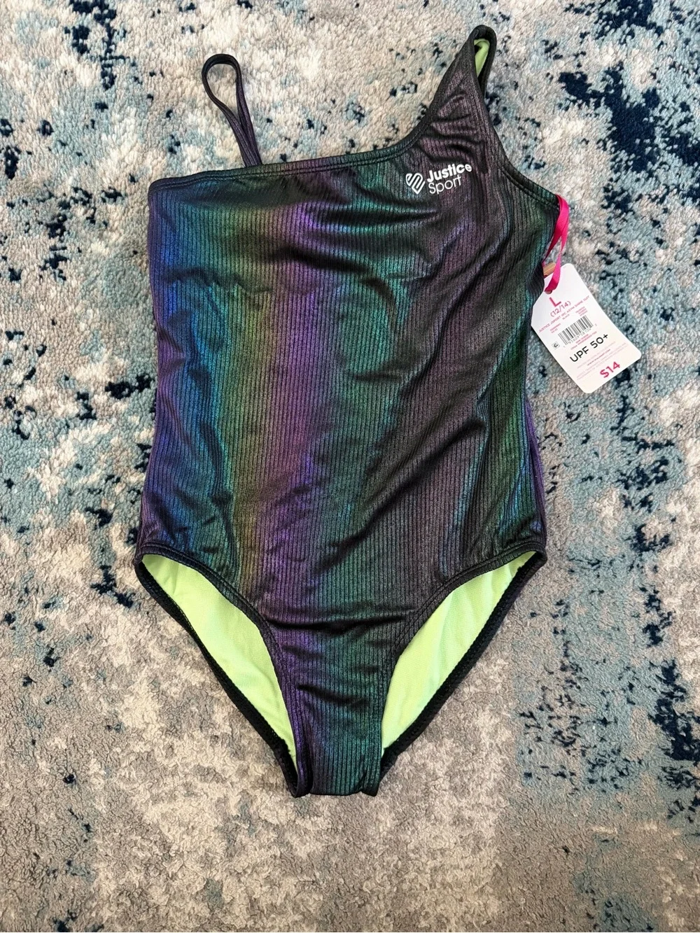Justice Girls' Iridescent One-Shoulder Swim Suit - L 12/14